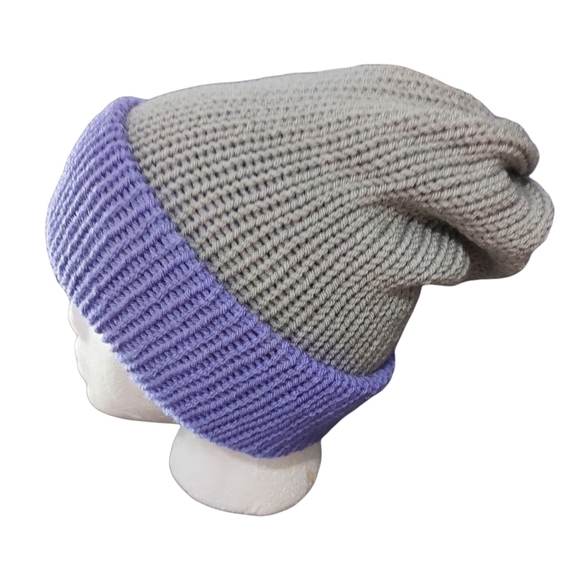 Handcrafted Reversible Knit Hat in Grey & Periwinkle - Picture 8 of 11
